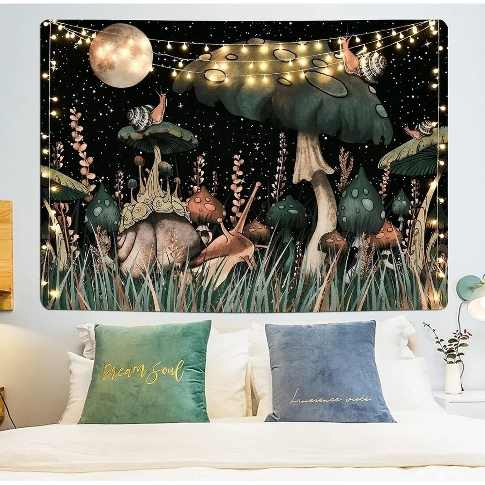 Trippy Mushroom Tapestry Fantasy Moon and Stars with Snail Flowers 59